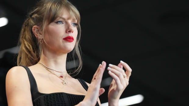 Pop star Taylor Swift cheers at Super Bowl LVIII in Las Vegas on Feb. 11, 2024.